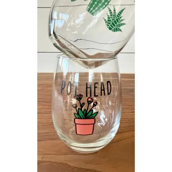 2 Funny Stemless Wine Glasses: Plant Lover Gift Set-What the Fucculent/Pot Head